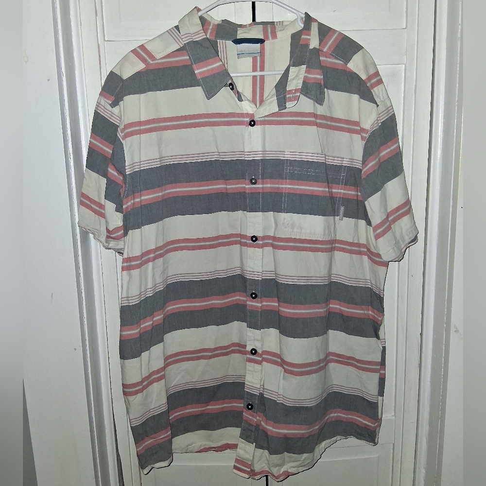 Columbia Striped Button-Down Shirt in Gray and Pink